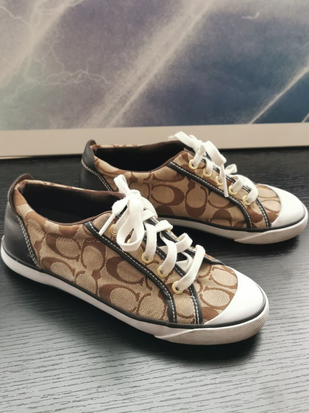 Coach Tan Brown Signature Canvas Sneakers with White Accents